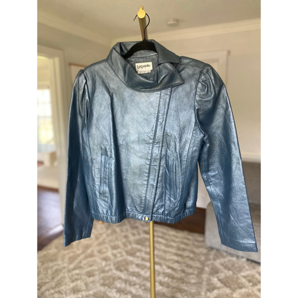 Vintage Bagatelle Leather Jacket Metallic Blue Cropped Moto Retro Scandi City - Picture 2 of 13